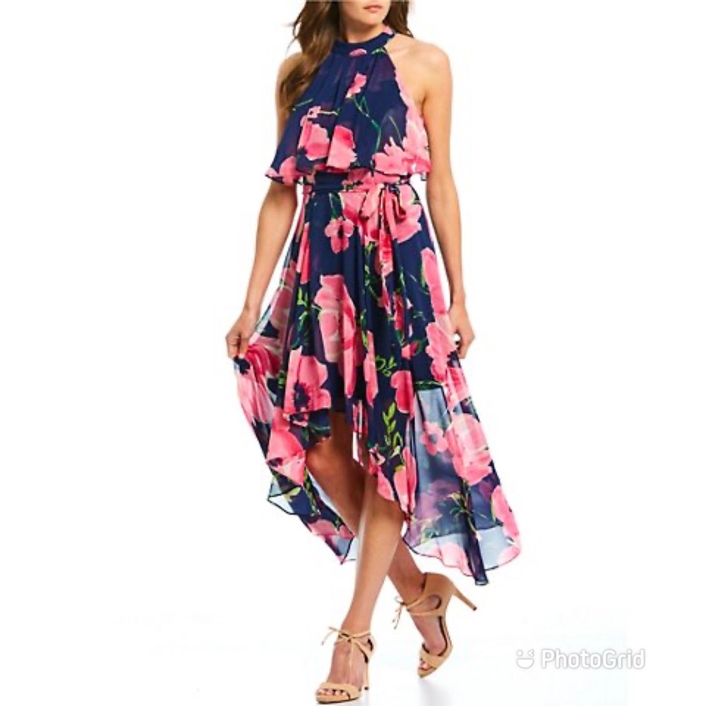ELIZA J Floral Halter Maxi Dress Chiffon Blue Pink